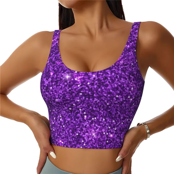 Fotbe Purple Glitter Sujetador Deportivo Largo sin Aros para Mujer con Almohadillas y Soporte Medio, Transpirable y Absorbente, Camiseta Tipo Chaleco o Tank Top-Large