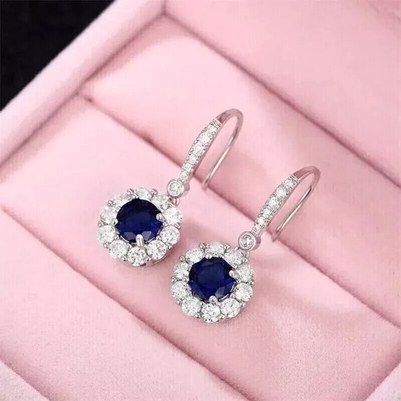 14K White Gold Plated Women Dangle Flower Earrings 2.4Ct Round Cut Lab Created Blue Sapphire
