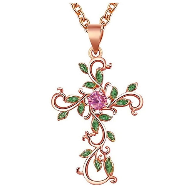 Cadenas Entrelazadas de Cruz EternalTwist01 1Pza Oro Rosa Collar Cruz/Flores Dije 2x3.2cm Metal.