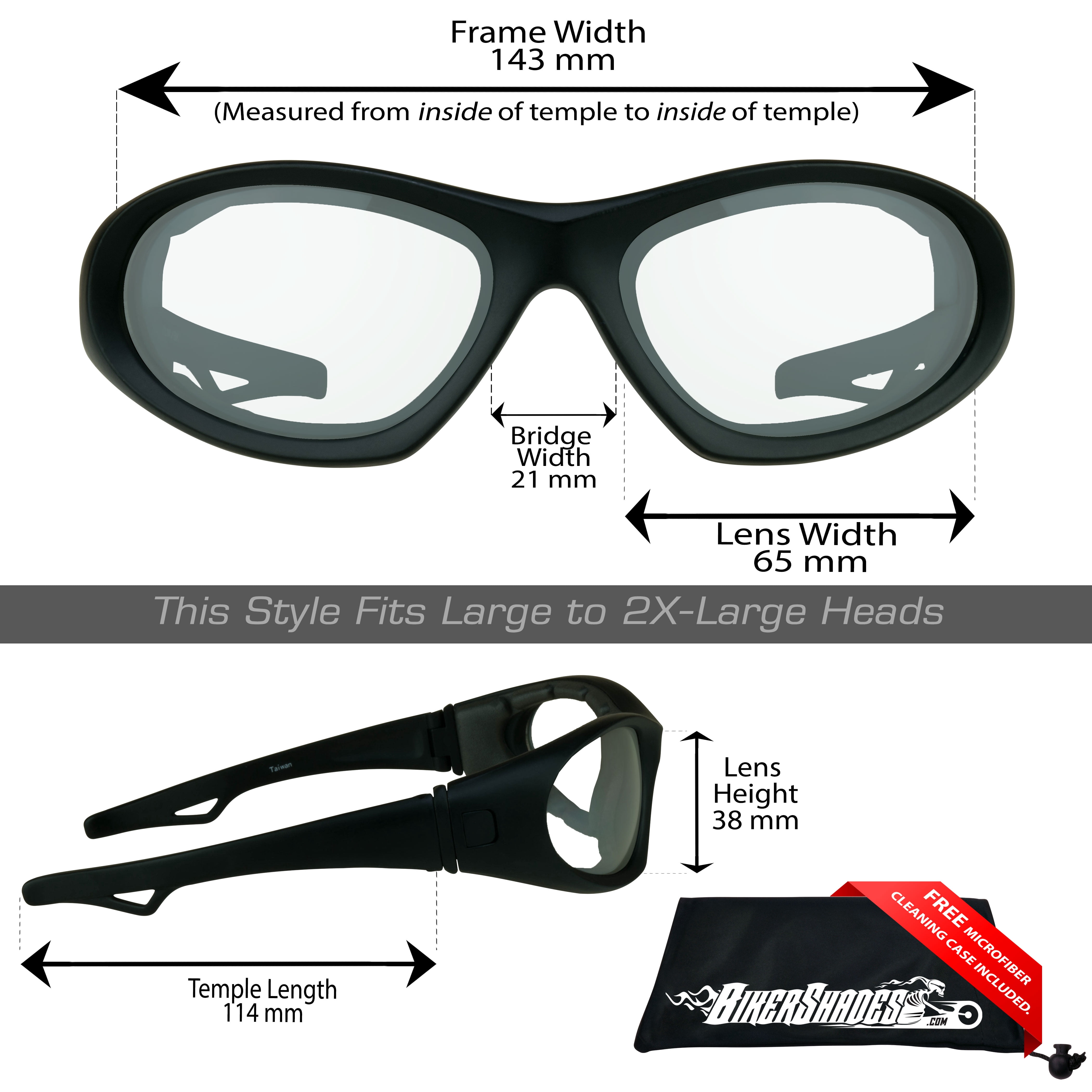 Bikershades Motorcycle SunGlasses Interchangeable Strap Clear Lens Wide Extra Large Fit Men