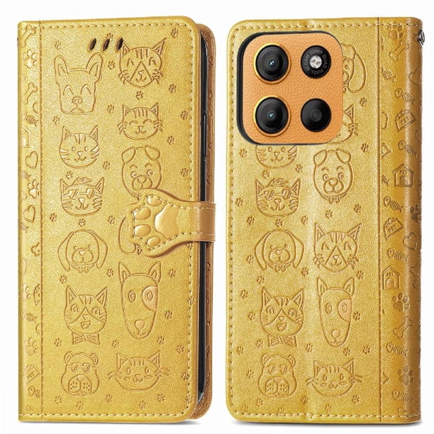 Funda Cartera FOXDOCK para Motorola Moto G15 , Flip PU con Relieve de Gatos y Perros, Tarjetero y Soporte