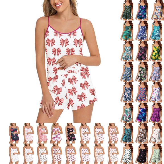 QINGFSAP Womens Cami Pajama Sets 2 Piece Cute Print Pjs Soft Tank Top Elastic Waist Shorts Camisole Lounge Set