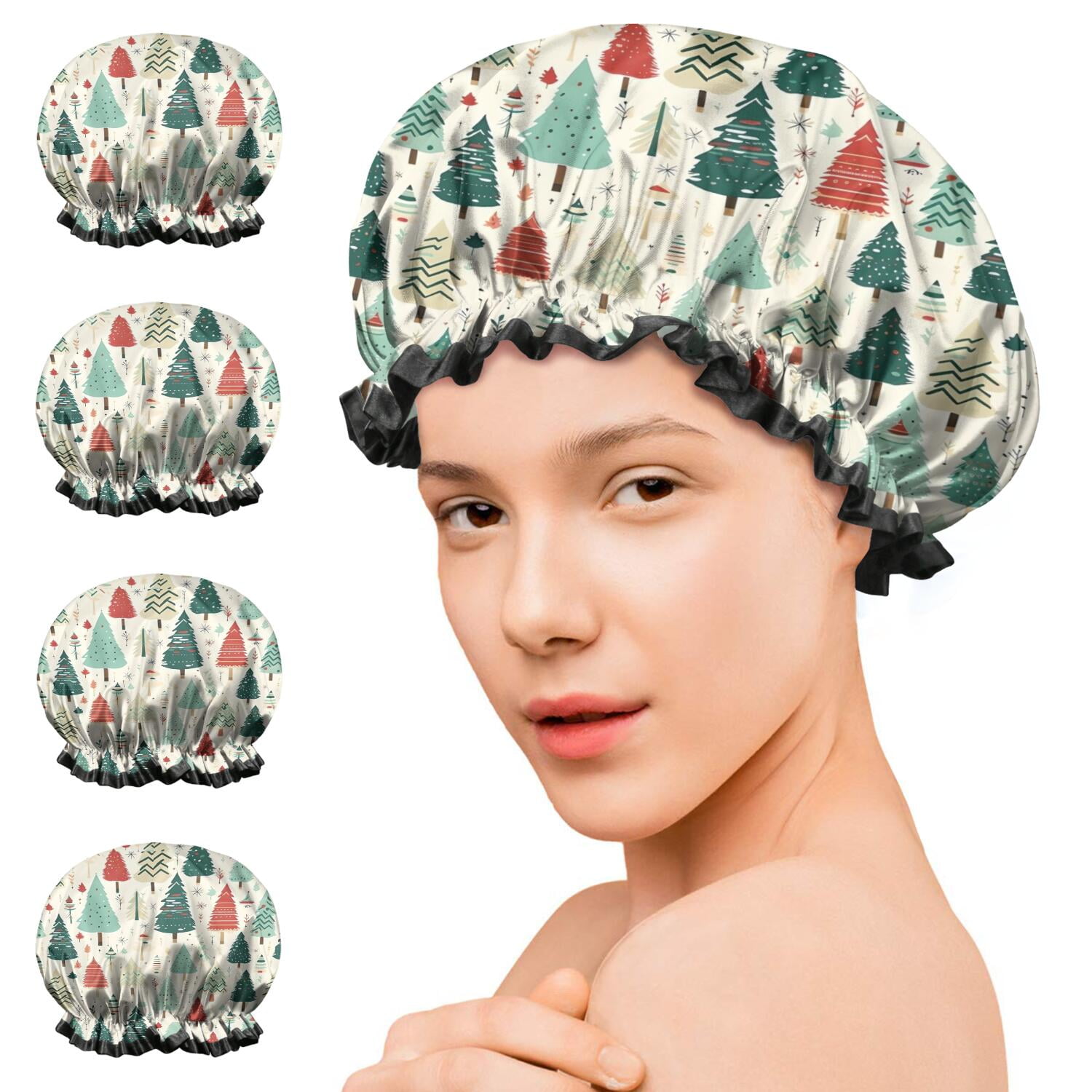 Shower Caps,Beige Christmas Tree Pattern Waterproof Shower Cap for Women 4 Pieces,Double Reusable Hair Cover for Shower PEVA Elastic Stretch Hem