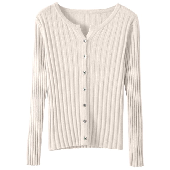 Women's Solid Color Ribbed Slim Fit Button Front Long Sleeve Knit Cardigan Sweater, Lightweight Rib-Knit Slimming Soft Comfy Versatile Outerwear Top for Casual Daily Wear Beige