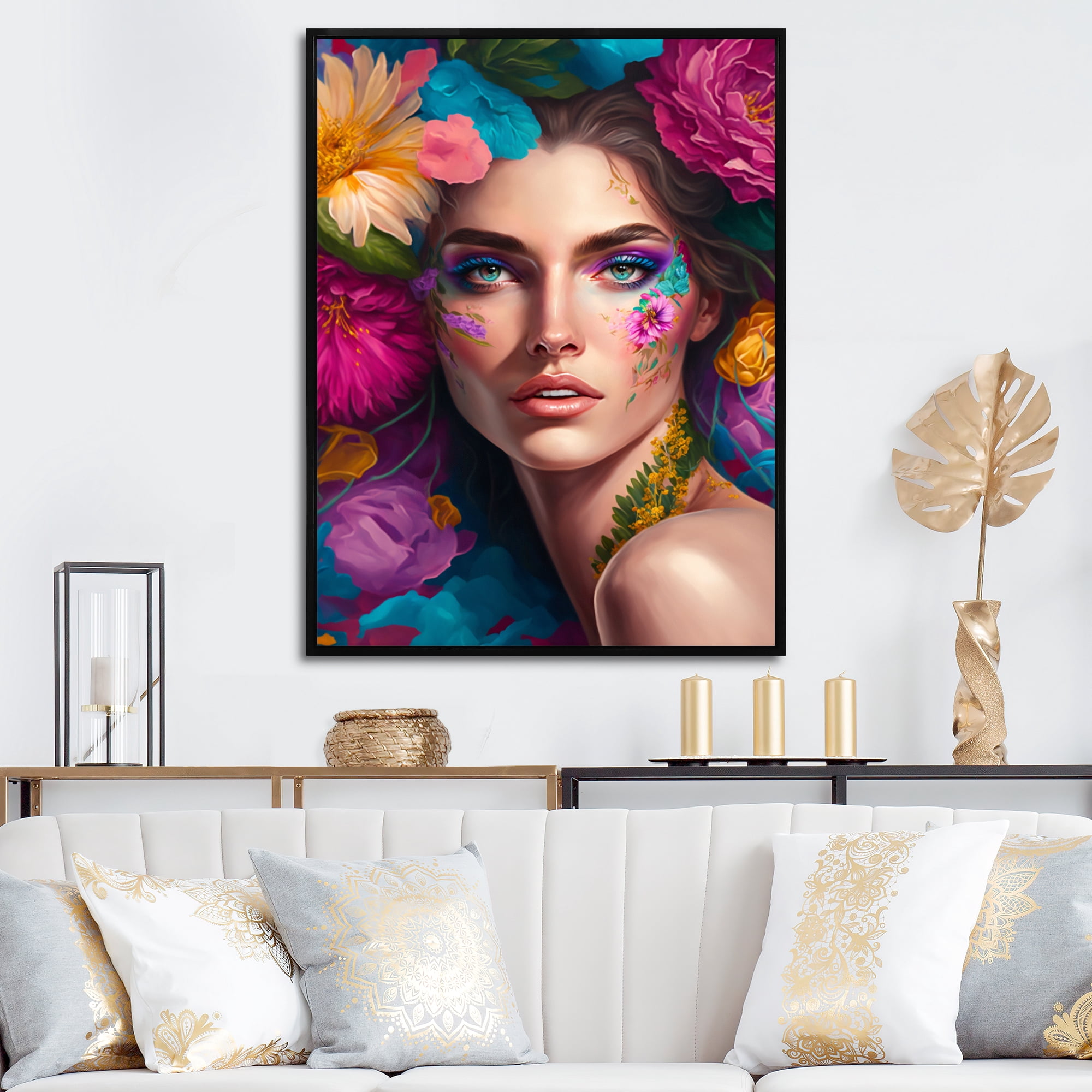 Designart Floral Sensual Woman Portrait VI Floating Frame Wall Art