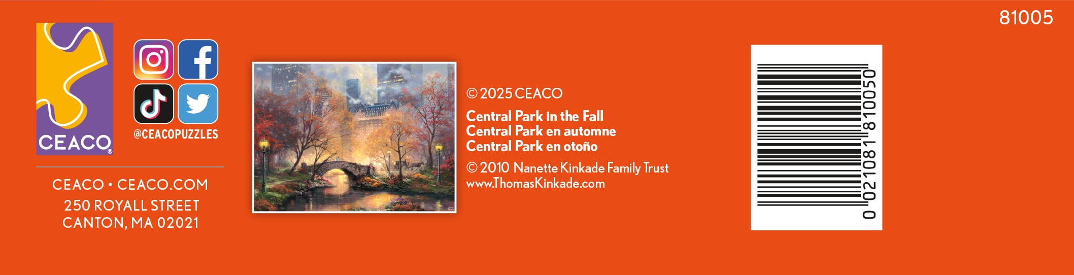 Puzzle en bois de 1000 pièces Ceaco Thomas Kinkade Central Park en automne pour adultes à partir de 14 ans