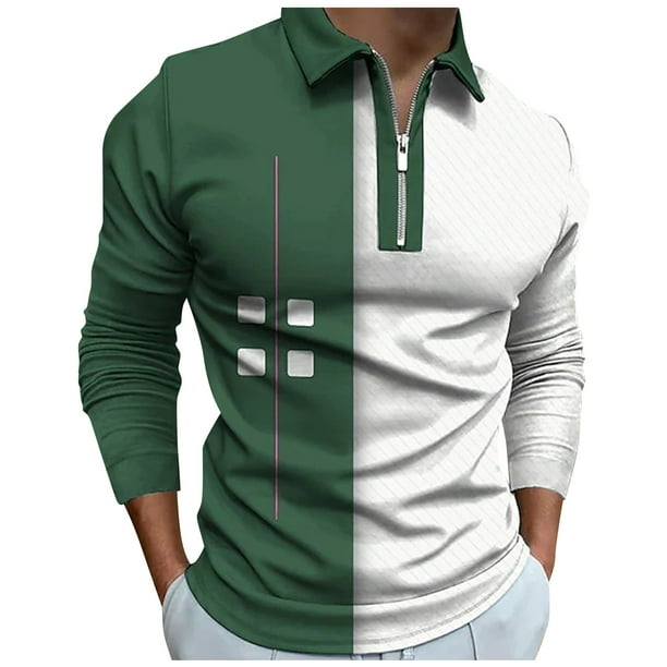 Gibobby Playera tipo polo hombre Camisa de manga larga con cuello vuelto y cremallera con estampado informal de invierno y otoño para hombre(Verde,XL)