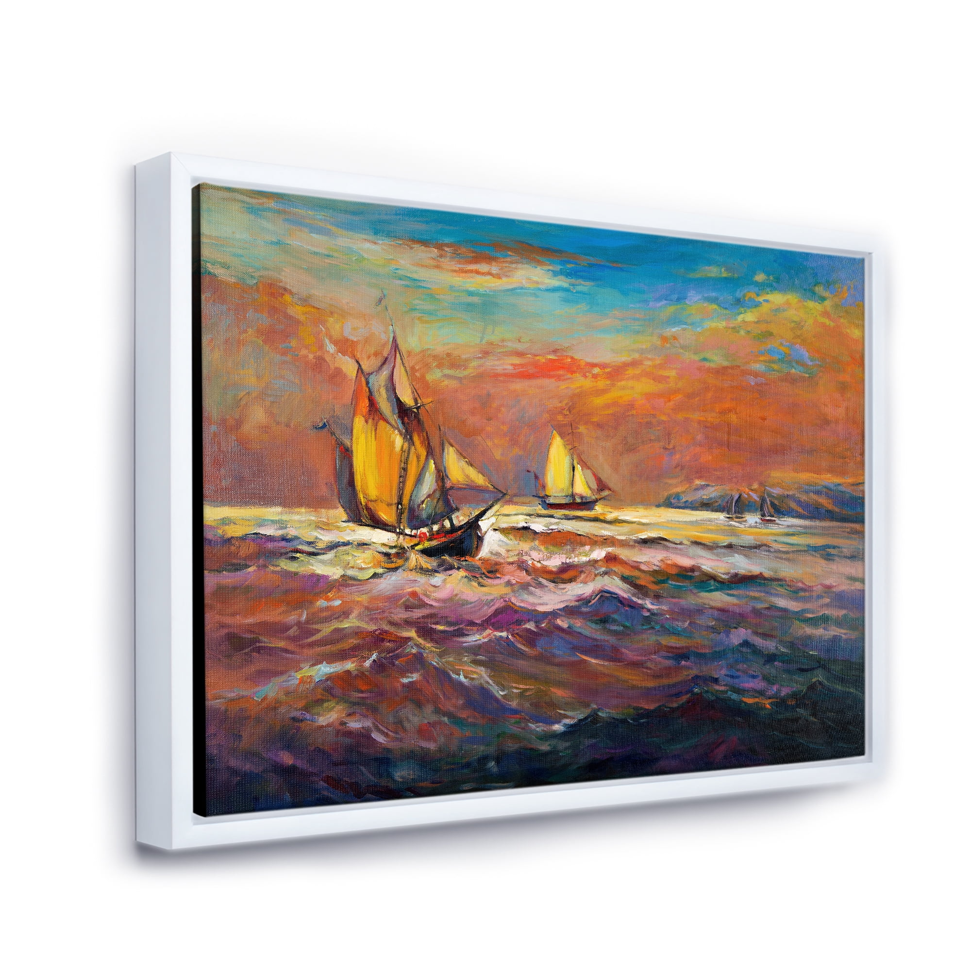 Sailships On The Ocean Waves During Orange Evening Glow 32 in x 16 in Framed Painting Canvas Art Print, by Designart