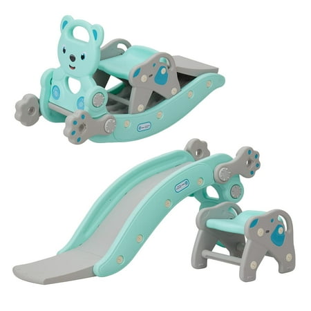 Kinbor Toddler Slide Rocking Horse Set – 5 in 1 Toddler Playset with Basketball Hoop Indoor Outdoor Children Birthday Christmas Gifts for Boys Girls Green