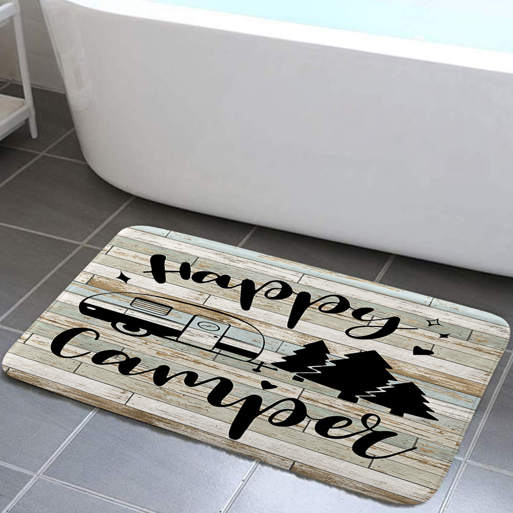 Camper RV Bathroom Rugs Mat, Happy Camper Non Slip Bathtub Rug Retro