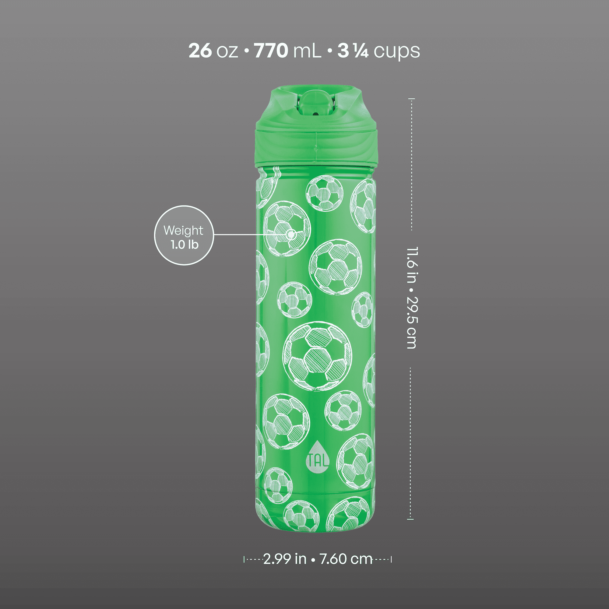 TAL 26oz Stainless Steel Ranger Water Bottle with Easy Sip Straw, Soccer