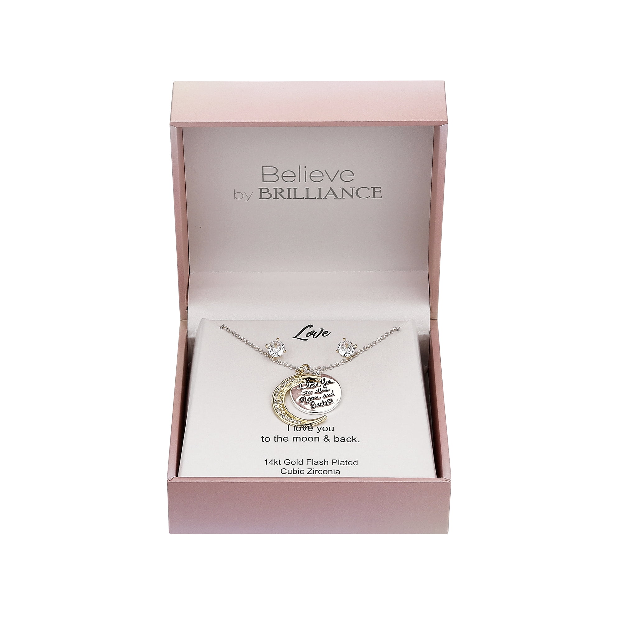 Believe by Brilliance Women's Fine Silver Plated Cubic Zirconia "I Love You to the Moon and Back" Charm Pendant Necklace and Stud Earring Set, 18+2" Extender