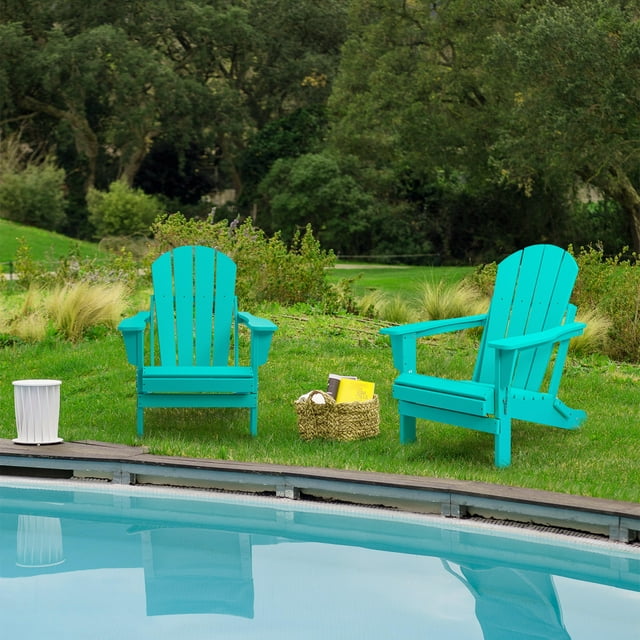 Devoko Folding Adirondack Chair Set of 2 HDPE Weather Resistant Outdoor Lounge Chair, Turquoise