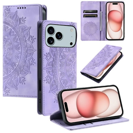 Allytechgroup Flip Wallet Case for iPhone 17 Pro, Built-in Credit Card Slot RFID Blocking PU Leather Rugged Stand Case Shockproof Protective Back Cover for iPhone 17 Pro, Purple
