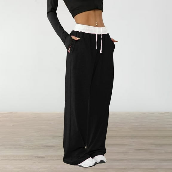 Women's Drawstring High Waist Color Block Sports Pants, Loose Fit Long Casual Pants, Elastic Waistband Athletic Pants for Daily Wear, Lounge Pants for Women, Comfortable Streetwear Sweatpants Black