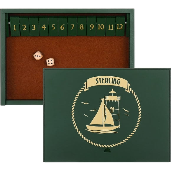 Sterling Games Wooden Shut the Box Game 12 Numbers with Lid Cover, Green