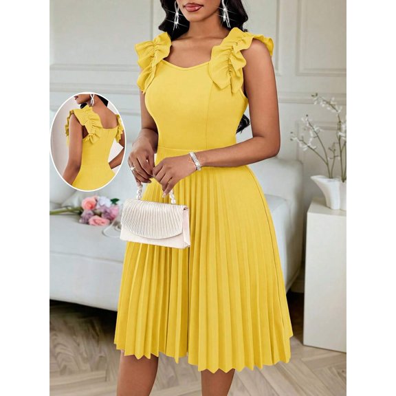 Yellow Ruffle Shoulder Pleated Fit & Flare Midi Dress For Women Elegant
