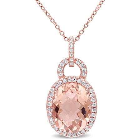 Tangelo 6-7/8 Carat T.G.W. Simulated Morganite and Cubic Zirconia Rose Rhodium-Plated Sterling Silver Oval Halo Pendant, 18