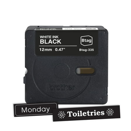 Brother Genuine P-touch BTAG335 White on Black Label Tape, ~1/2in by 13.1ft (12mm x 4m) for Ptouch Label Makers