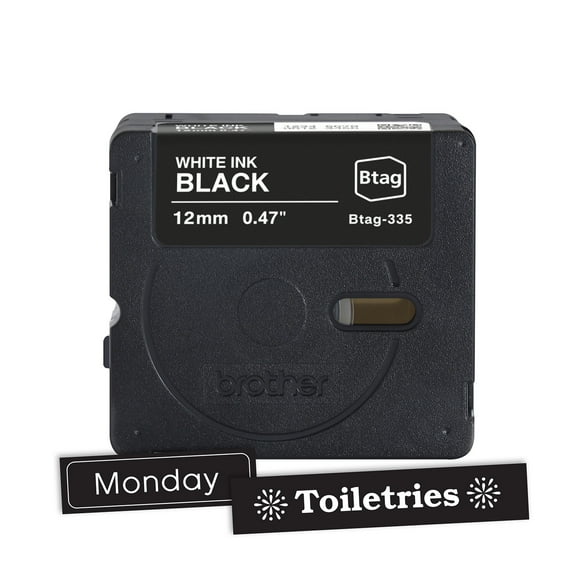 Brother Genuine P-touch BTAG335 White on Black Label Tape, ~1/2in by 13.1ft (12mm x 4m) for Ptouch Label Makers