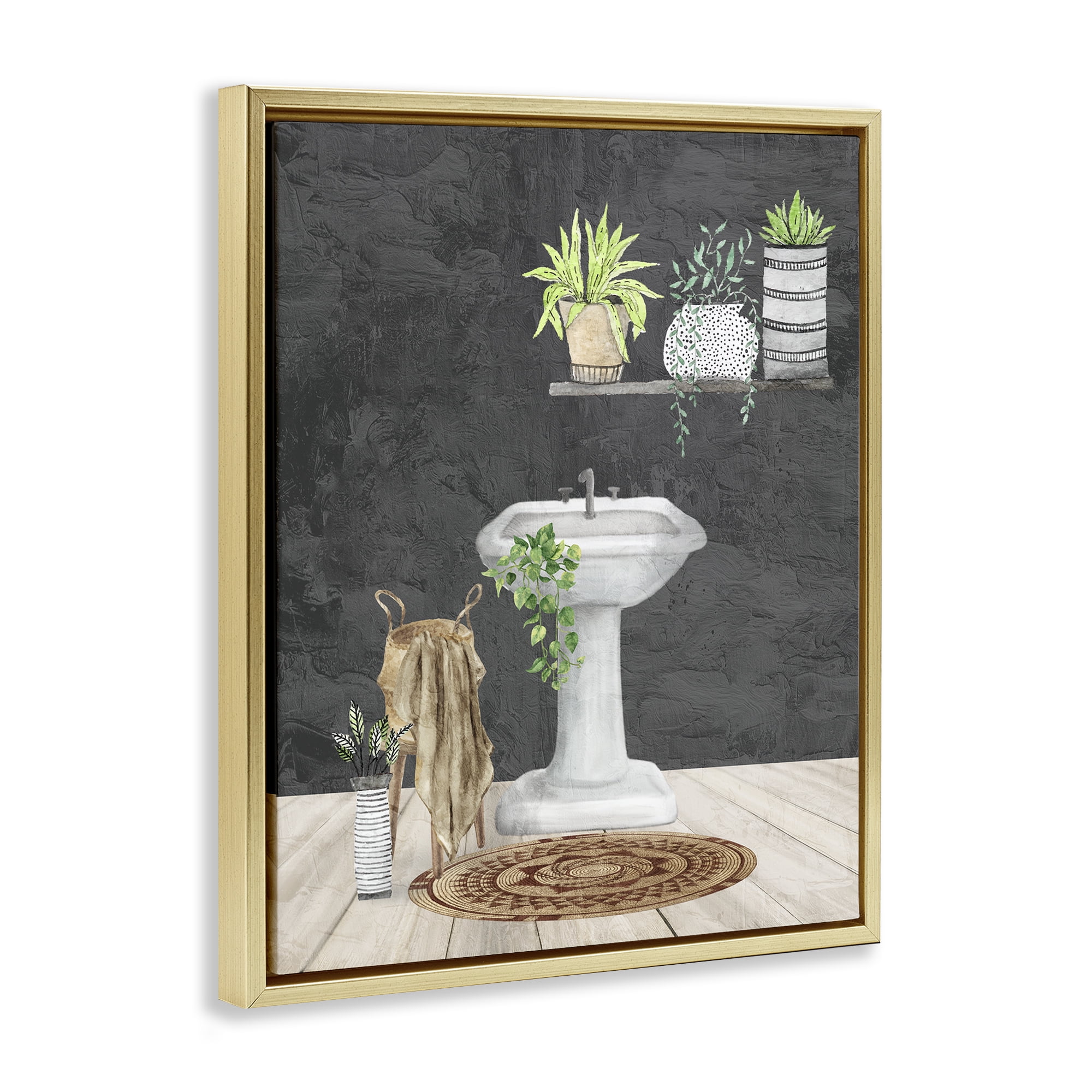 Stupell Industries Relaxing Bathroom Scene Bath & Laundry Painting Gold Floater Framed Canvas Art Print Wall Art, 17 x 21