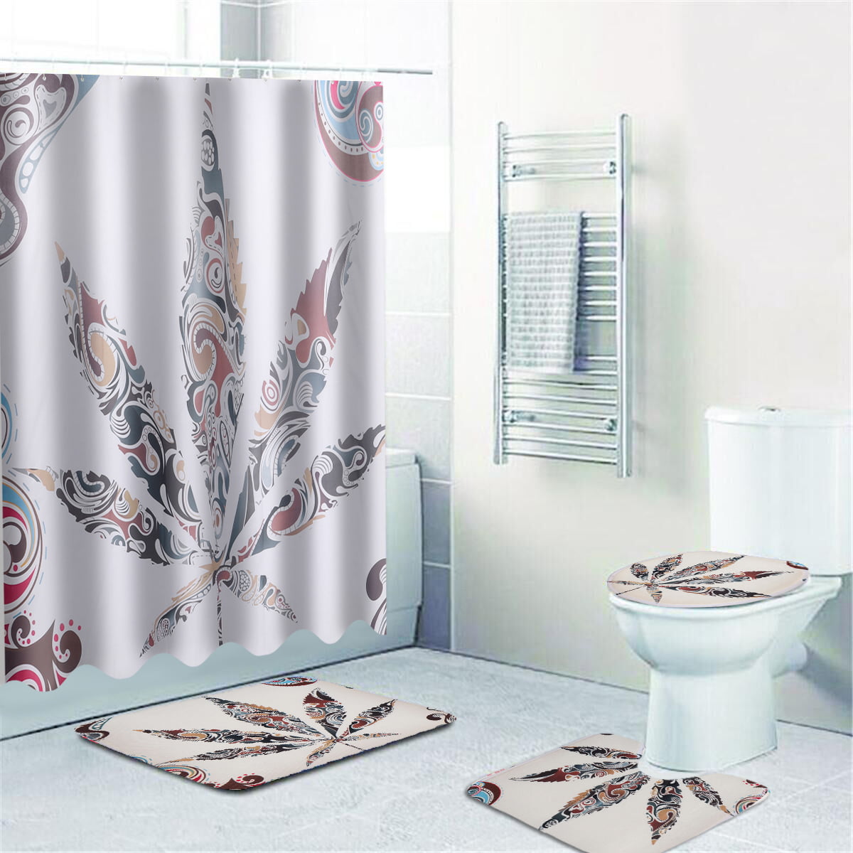 4Pcs Bathroom Non-slip Mat Set Lid Toilet Cover Pedestal Rug Bath Shower Curtain 
