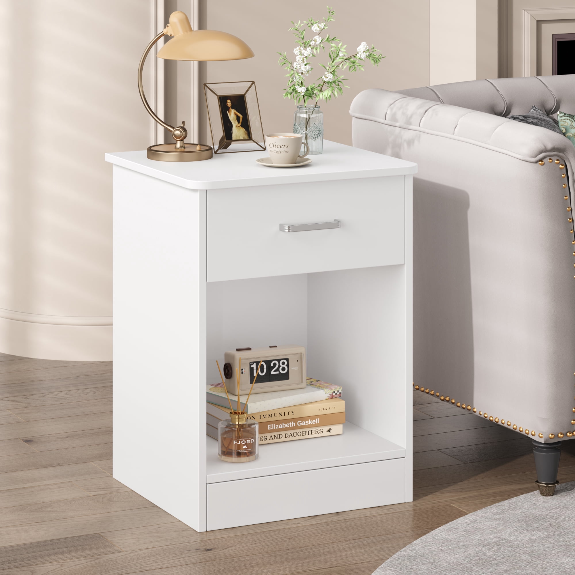 Homfa Nightstand with Drawer，2 Tier Beside Table End Table，Modern Night Stand for Bedroom Living Room, White