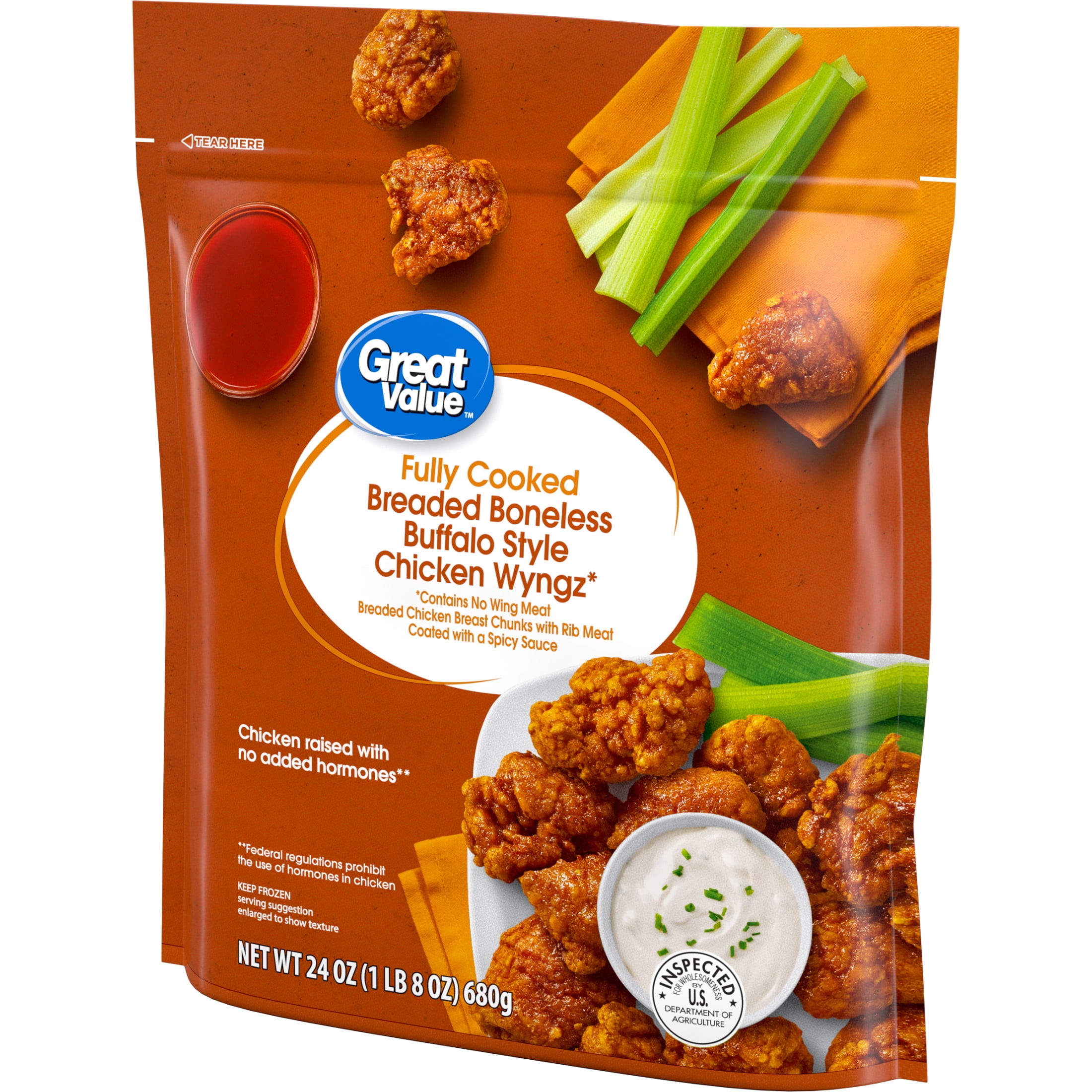 Great Value Buffalo Style Seasoned Boneless Fully Cooked Chicken Wyngz, 24 oz (Frozen)