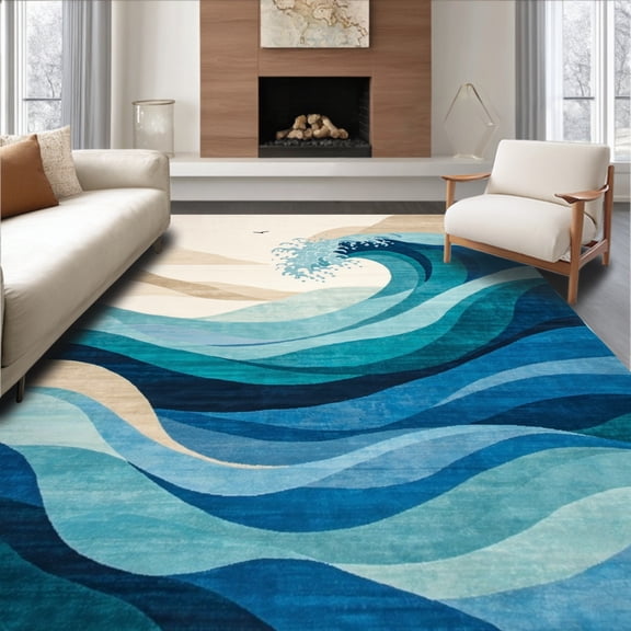 ODIKA 4'x6' Machine Washable Non-Slip Area Rug, Chromatic Ocean Wave Dynamic Abstract Flow in and Sandy Beige High Traffic Rug, Blue, 48430