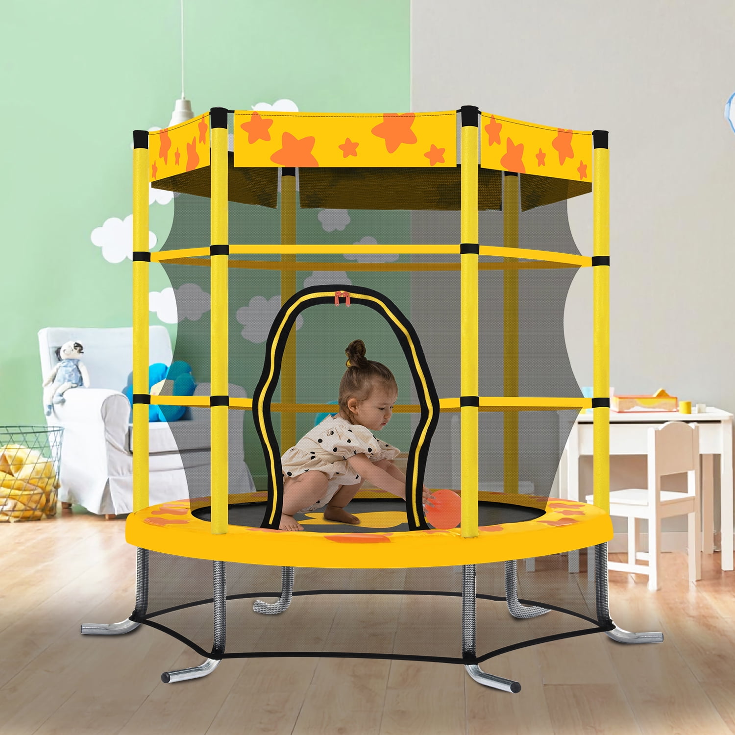 Kadyn 55 Inch Kids Trampoline, Indoor Outdoor Mini Trampoline with Safety Enclosure Net, Steel Jumping Trampoline for Kids, Yellow