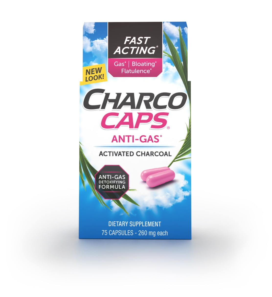 CharcoCaps Activated Charcoal Detox & Digestive Relief Anti Gas, 75
