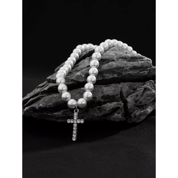 QQTDFG Men Faux Pearl Beaded Rhinestone Cross Pendant Necklace for Men Jewelry for Men-default