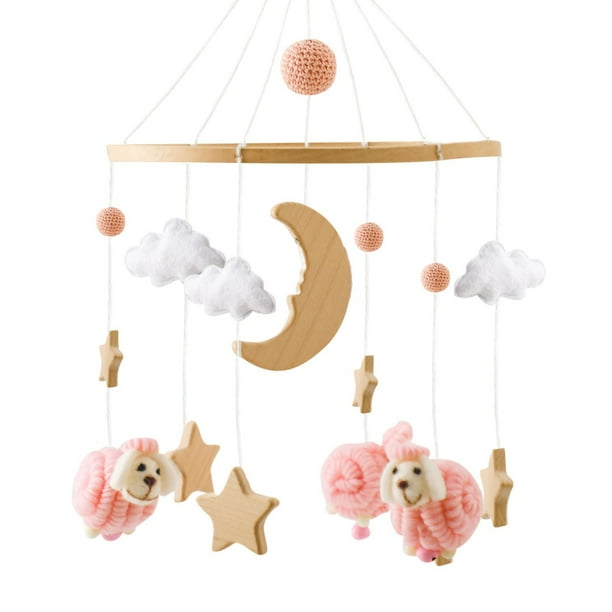 Móvil para Bebé, Marco de Madera Artesanal, Ovejas de Lana de Fieltro y Adornos de Estrellas, Materiales Seguros y Ecológicos, Decoración para Habitación Infantil, Regalo para Recién Nacidos, Tamaño