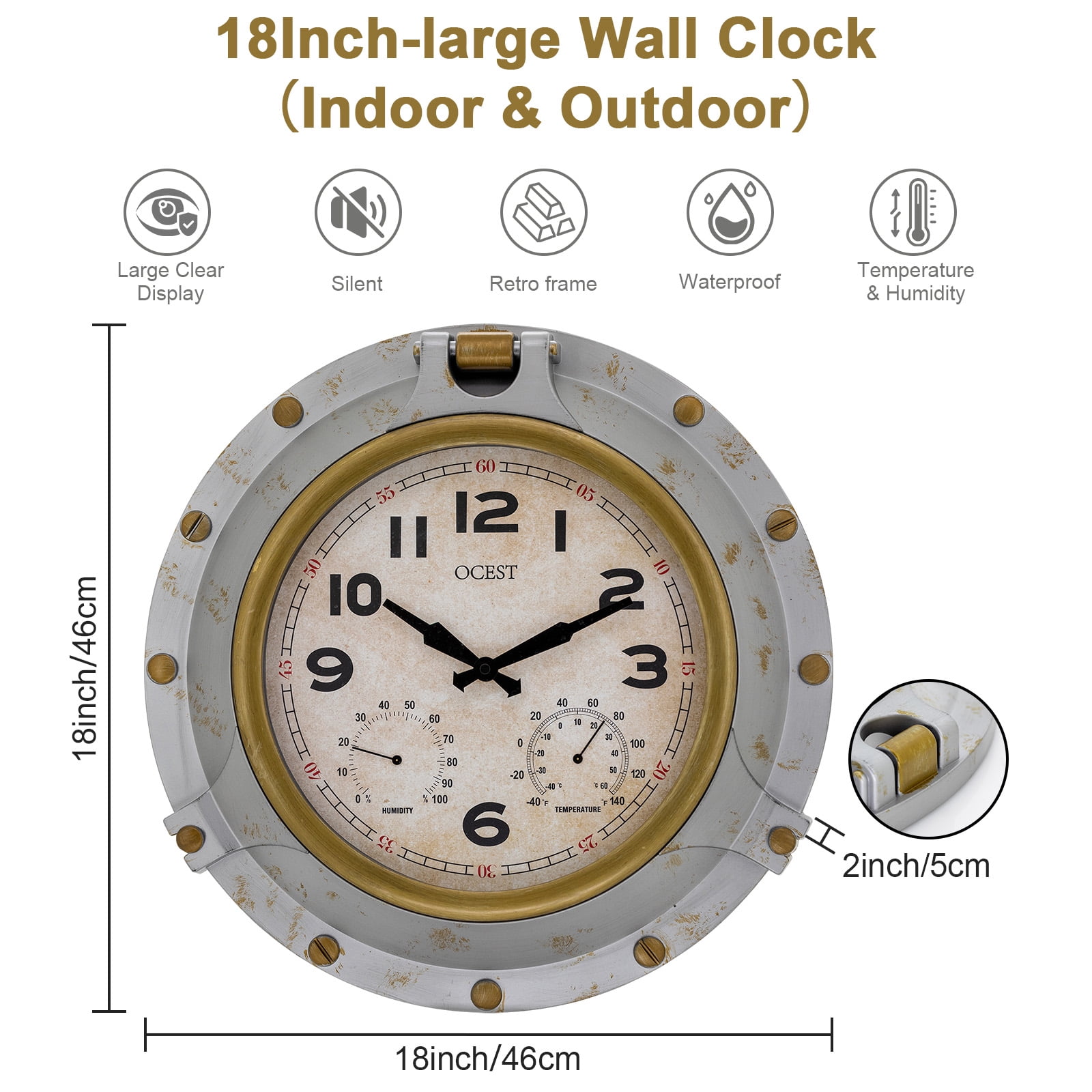 18 Inch Large Outdoor Clock Waterproof, Oversized Silent Wall Clock with Thermometer& Hygrometer,Battery Operated Clock for Garden Pool Patio Living Room Office Decorative