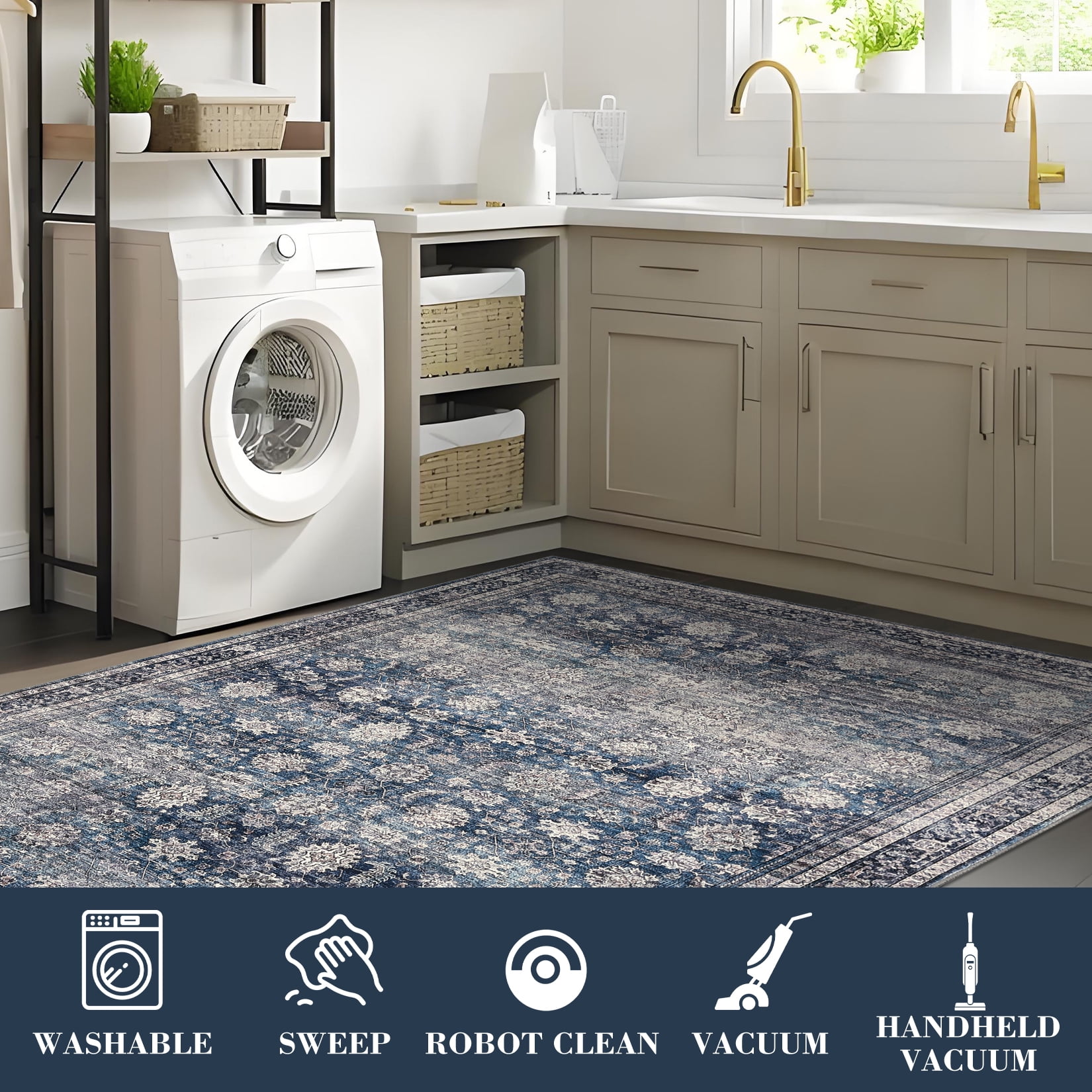 Haperlare 10x13 Vintage Printed Area Rugs Washable Accent Rugs, Non Slip Stain-Resistant Oriental Floor Carpet Farmhouse Low Pile Rugs for Living Room Bedroom Office, Blue