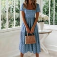 thumbnail image 5 of Womens Square Neck Smocked Dress Summer Puff Short Sleeve Floral Casual Ruffle Tiered Maxi Wedding Guest Dresses, 5 of 6