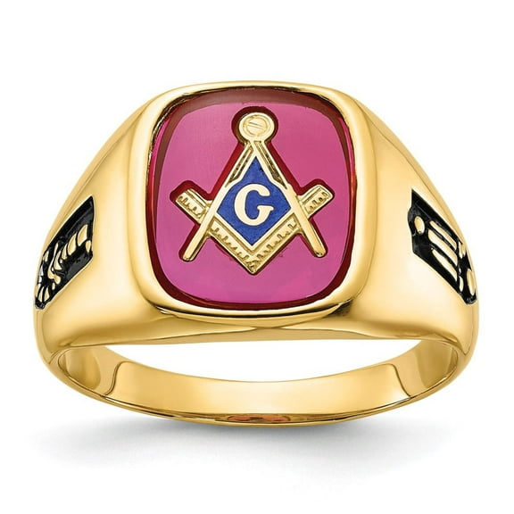 14k Men's Polished and Textured with Black Enamel and Lab Created Ruby Masonic Ring Y1588M