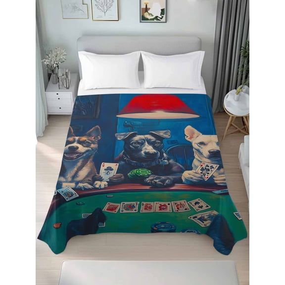 Twin Flat Sheet Only Retro Dog Playing Poker Card Soft Microfiber Cooling Bedding Sheets Witty Abstract Art Flat Bed Sheet for Hotel,Home Decor