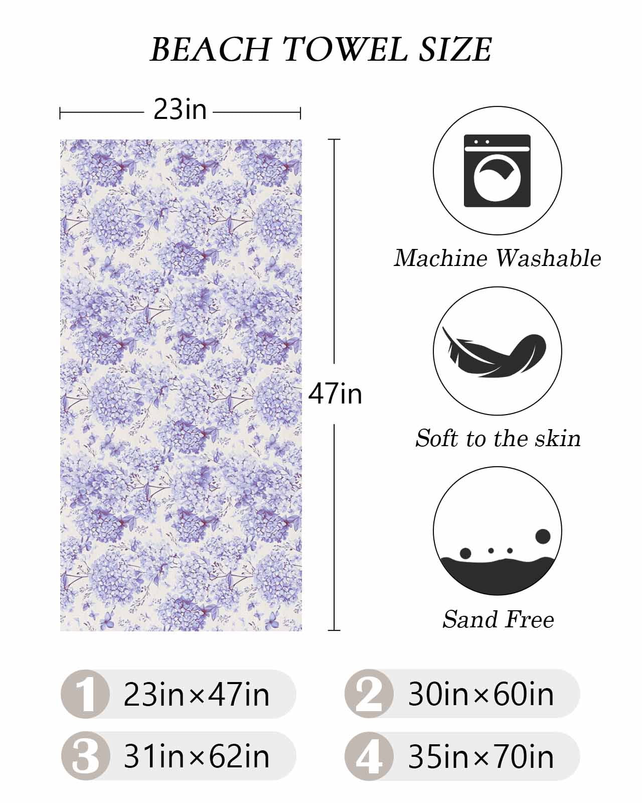Purple Floral Beach Towels Oversized Super Absorbent, Hydrangeas Flower Spring Summer Botanical Lightweight Bath Towel Quick Dry Sets For Bathroom/Pool/Rv Camping/Beach Play/Gym Room/Picnic 23"x47"