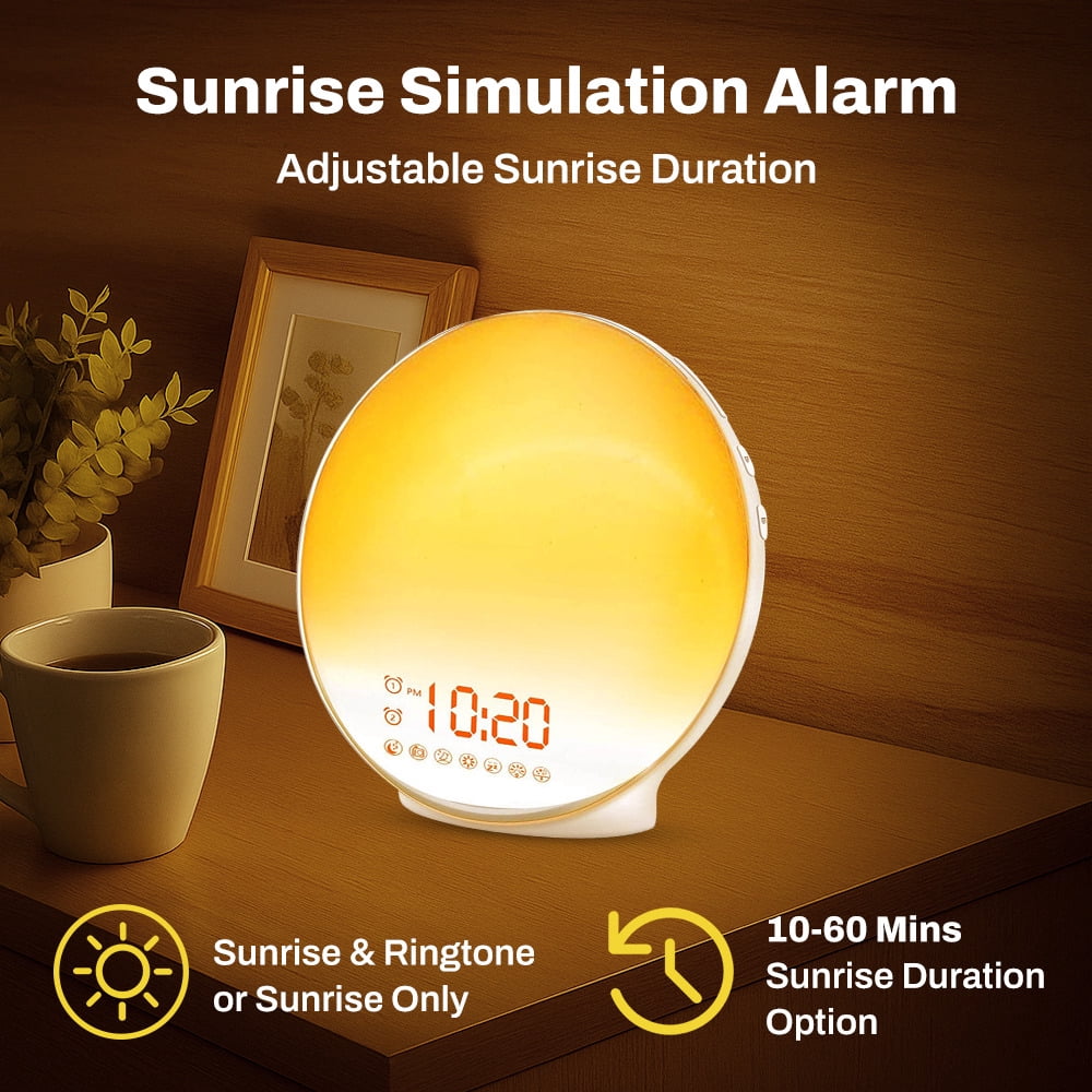 Behome Sunrise Alarm Clock, White Noise Machine With 7 Color & 20-Level Brightness, Wake Up Light with 7 Natural Sounds for Bedroom