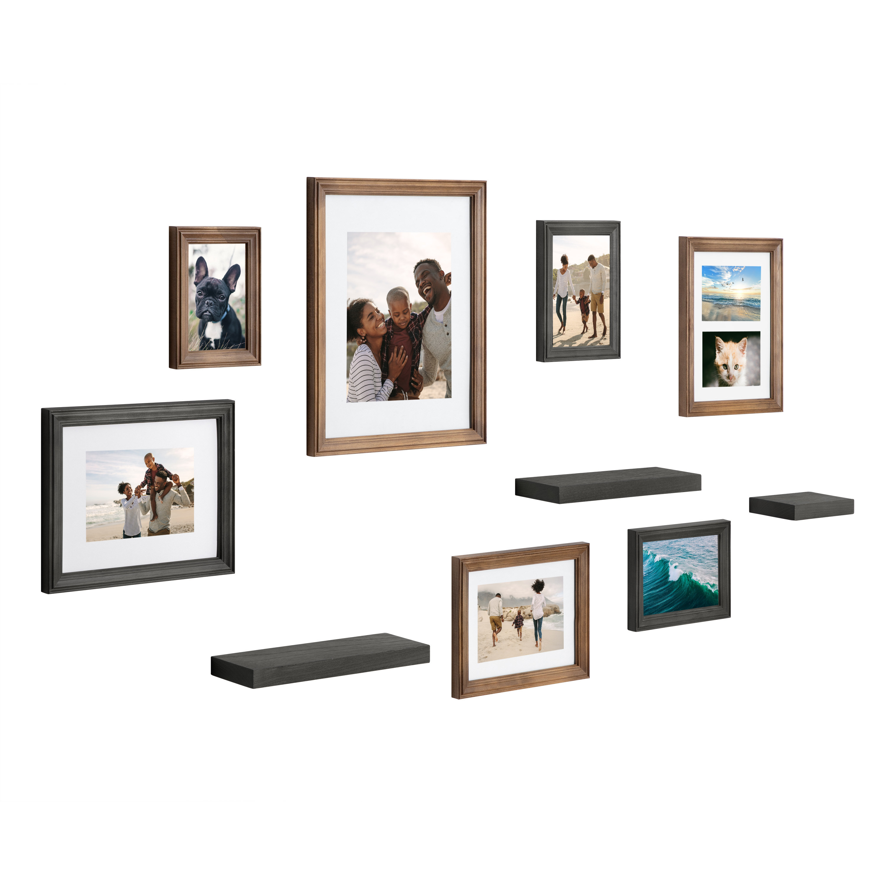 Kate and Laurel Bordeaux Gallery Wall Frame and Shelf Kit, Set of 10, Rustic Brown and Charcoal Gray, Assorted Size Frames and Three Display Shelves
