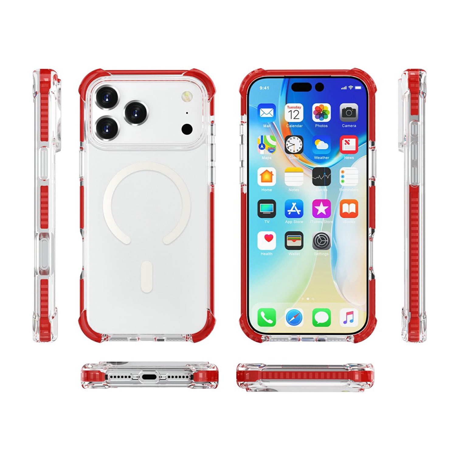 Durable TPU Mesh Armor Case with Wireless Charging for iPhone 17 Pro Max - Red