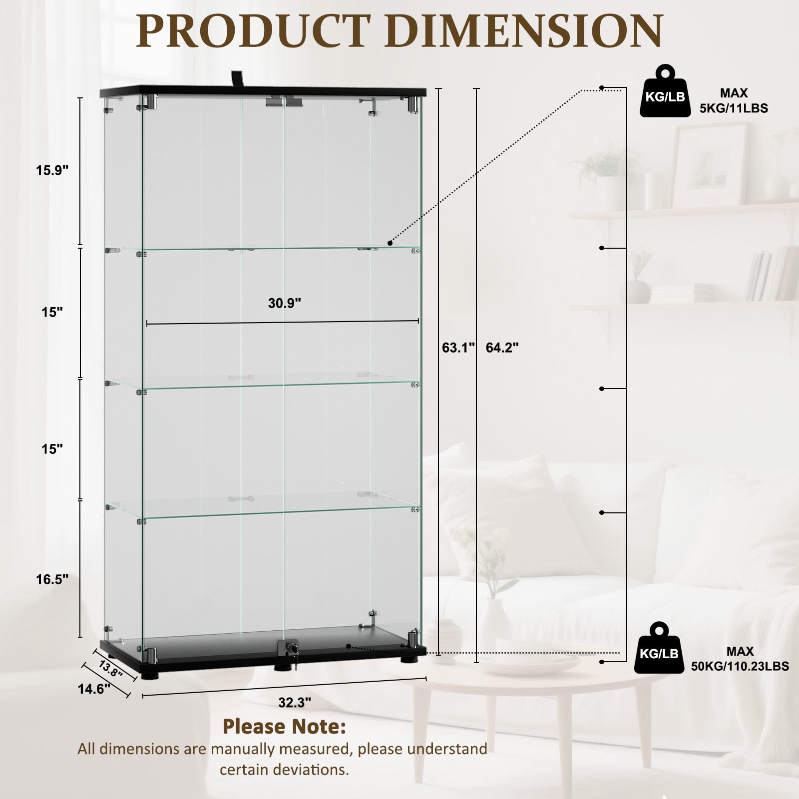 Easy4Home 4-Shelf Glass Display Cabinet with Lock, 64"H Freestanding Curio Display Showcase for Collectibles with Double Glass Door, Black