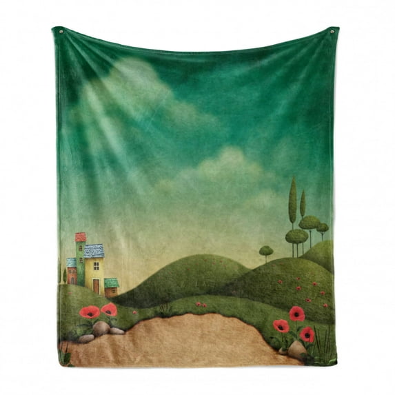 Mural Soft Flannel Fleece Throw Blanket, Abandoned Village of 4 Houses Behind the Hills and Poppy Flowers on a Cloudy Day, Cozy Plush for Indoor and Outdoor Use, 70" x 90", Multicolor, by Ambesonne
