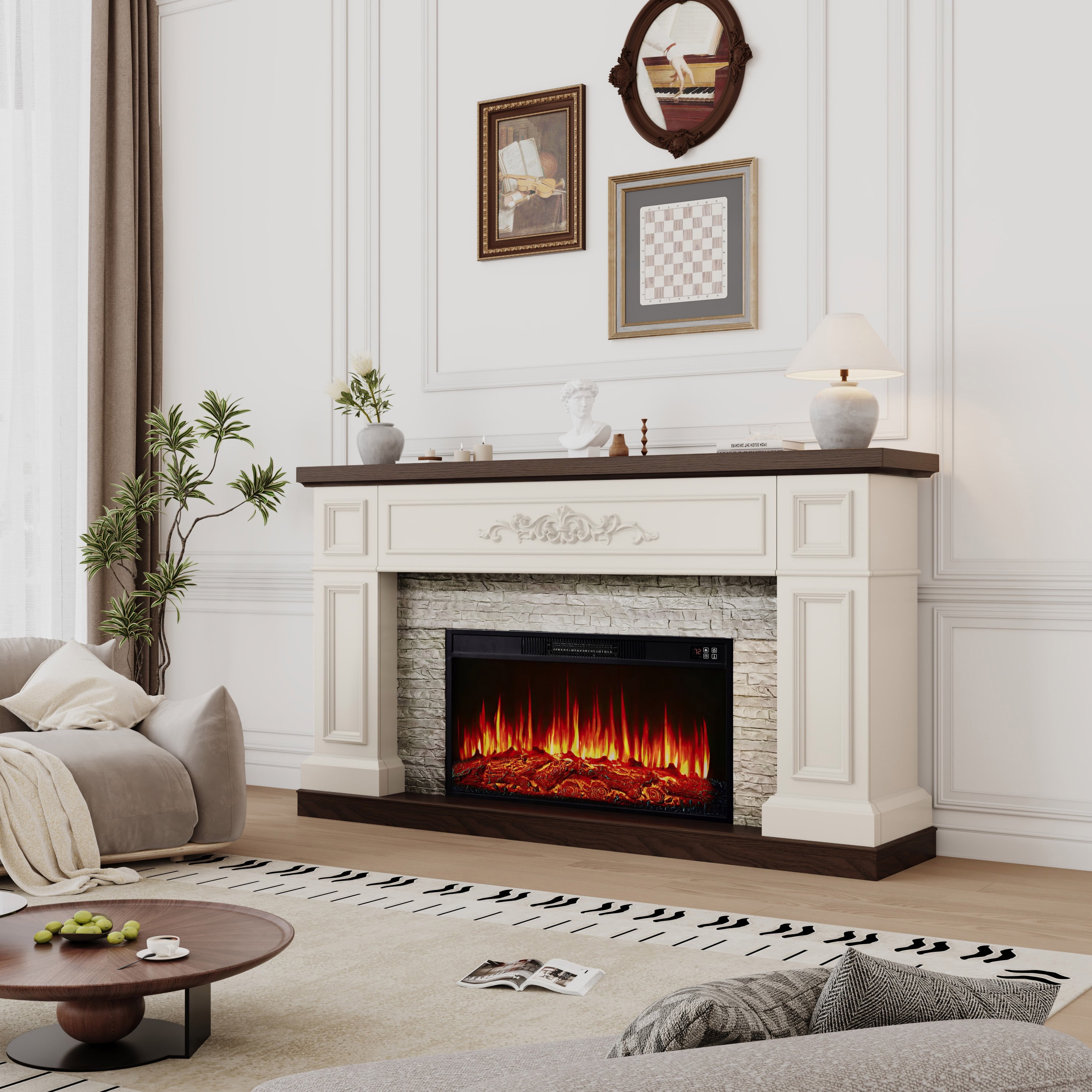 BOSHIRO Electric Fireplace with Mantel, 60 Inch Solid Wood Fireplace TV Stand for Living Room Bedroom