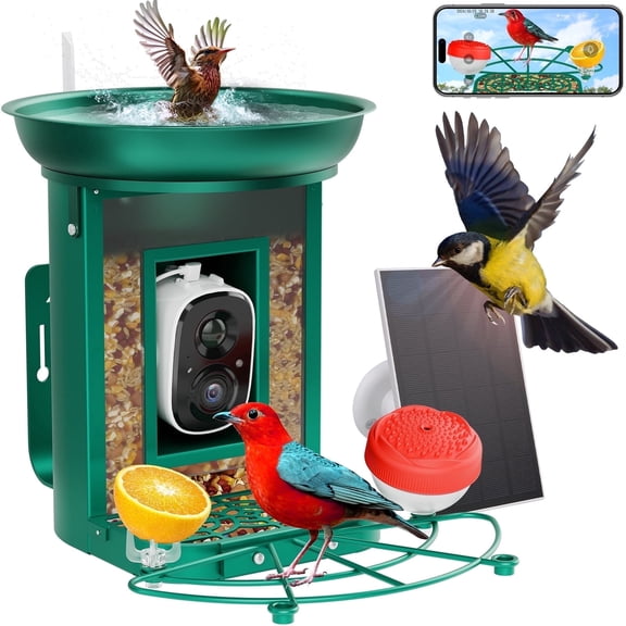 Bird Feeder with Camera, 2K Birds Camera with 3-in-1 Feeding, Drinking, and Bathing | AI Bird Identify, Real-Time Monitoring | IP65 for Outdoors