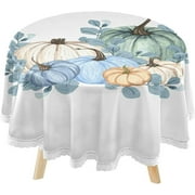 SKYSONIC Watercolor Blue Pumpkin Round Tablecloth 60inch Indoor Wrinkle Free, Autumn Circular Lace Table Cover Washable for Kitchen Dining Decor