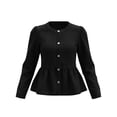 thumbnail image 2 of QIYAGBSA Denim Jacket for Women Soft Collarless Button Down Peplum Ruffle Hem Long Sleeve Slim Fit Fall Casual Outerwear Stretch Layer Everyday Wear (Black, L), 2 of 9