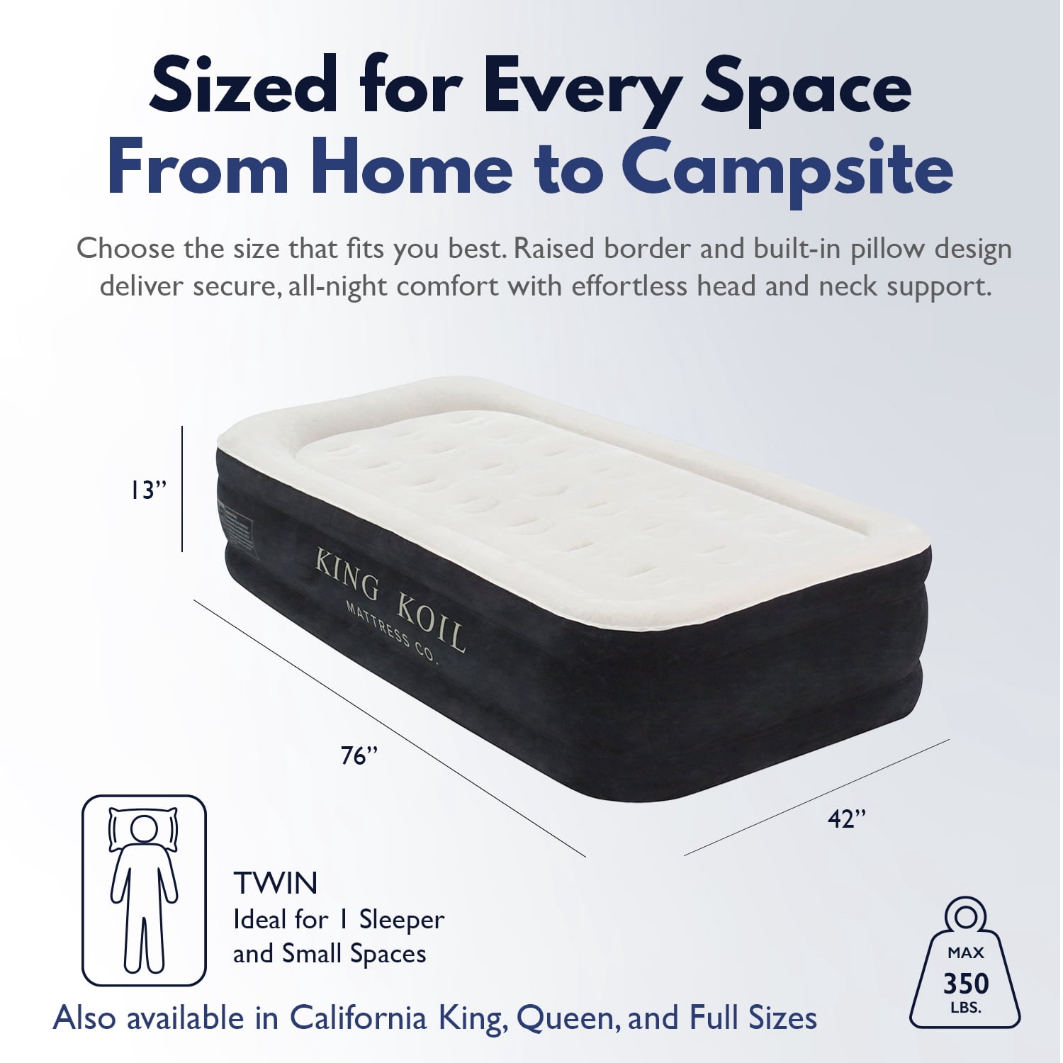 King Koil Twin Air Mattress with Built-in Pump, 13” Inflatable Bed- Premium blow up mattress for home & guests • Inflates in 90 seconds • 350 lb capacity • Patented high-speed pump