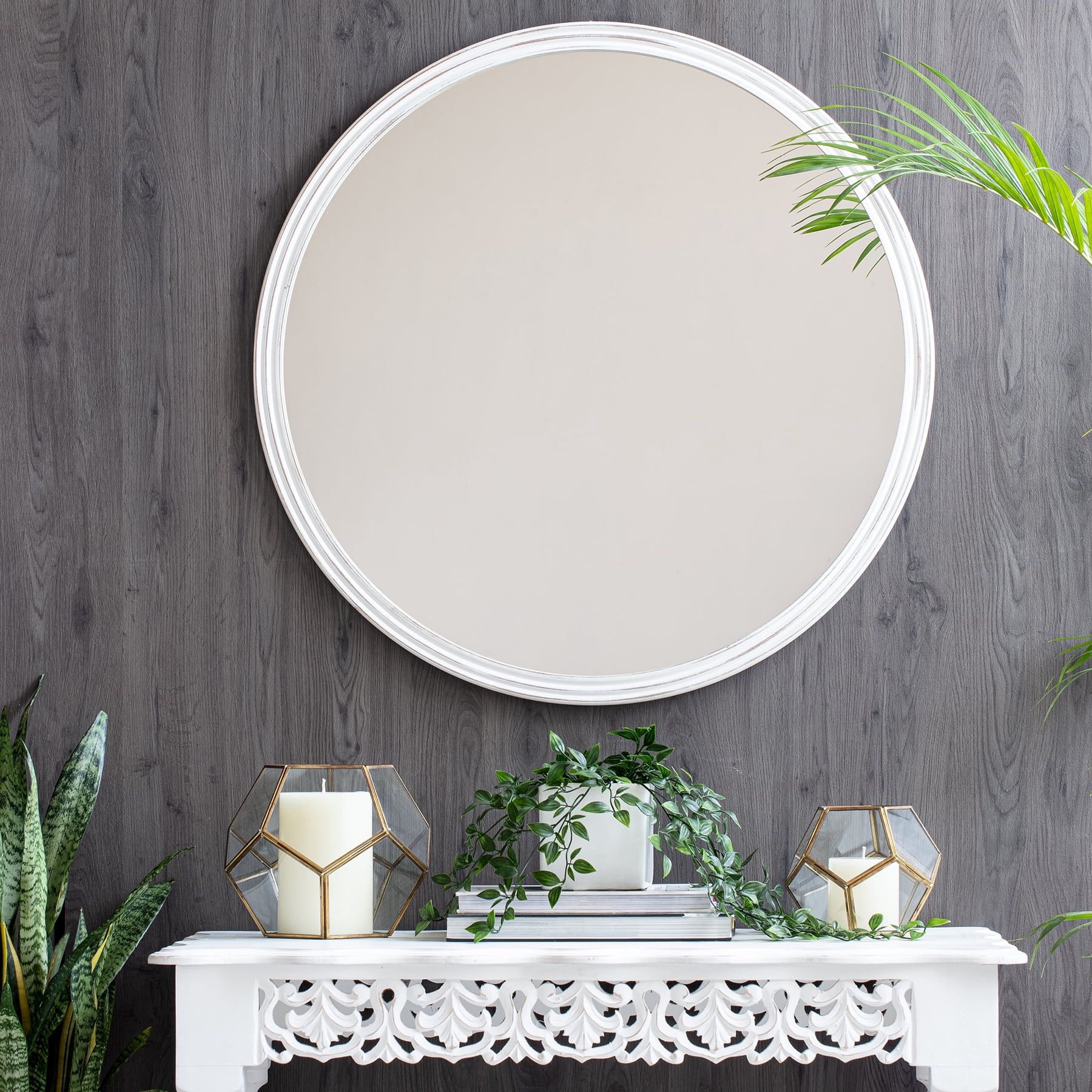 Fetco White 30-in. Round Carved Frame Mirror
